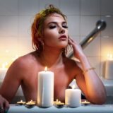 woman sitting in bathtub behind lit tealight and pillar candles