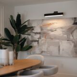 Modern dining room with abstract art and large plant