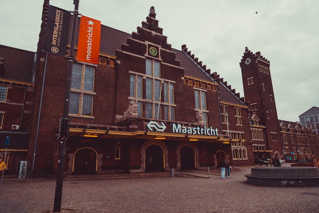 a large brick building with a sign on the front of it