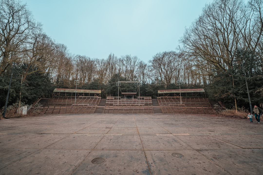 a large empty outdoor arena with trees in the background