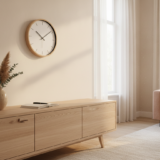 Wandklok boven een houten dressoir in een lichte woonkamer
