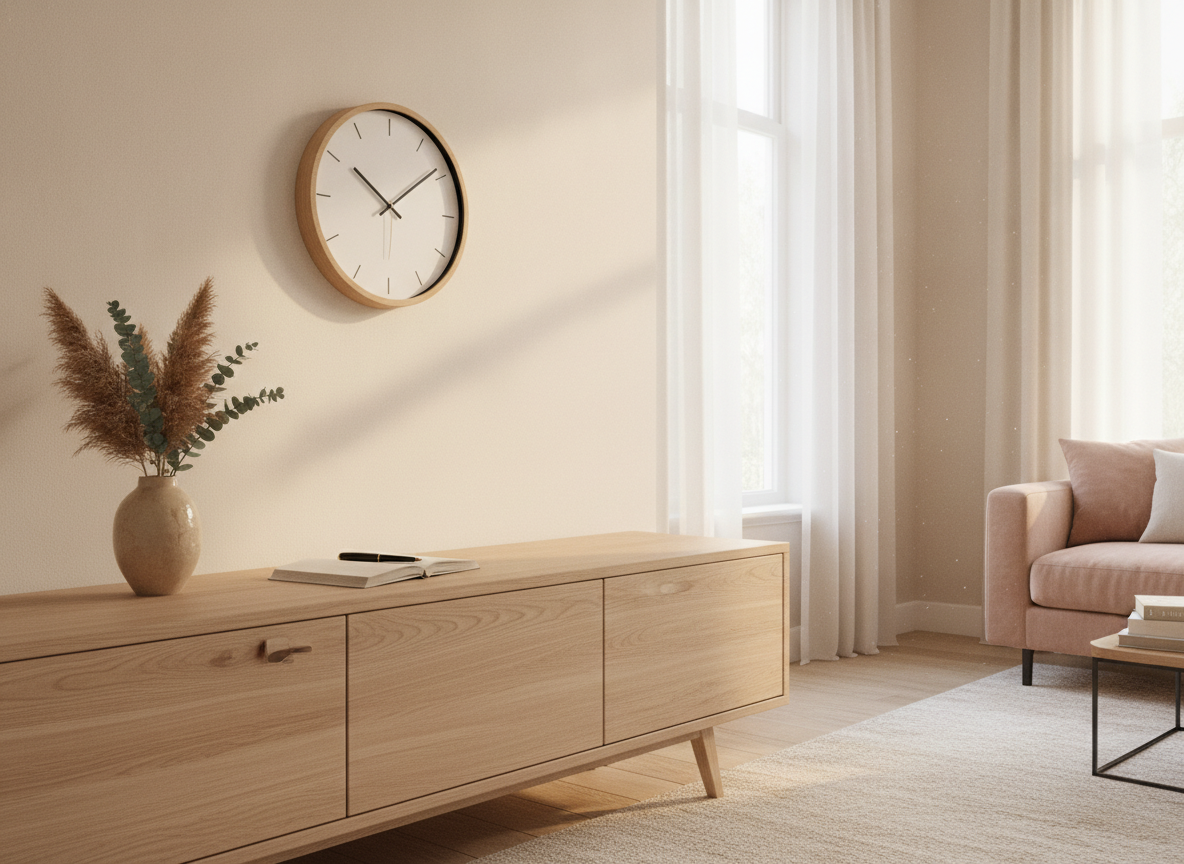 Wandklok boven een houten dressoir in een lichte woonkamer