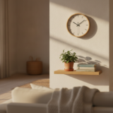 Klok aan de muur in een lichte woonkamer met plant en boeken