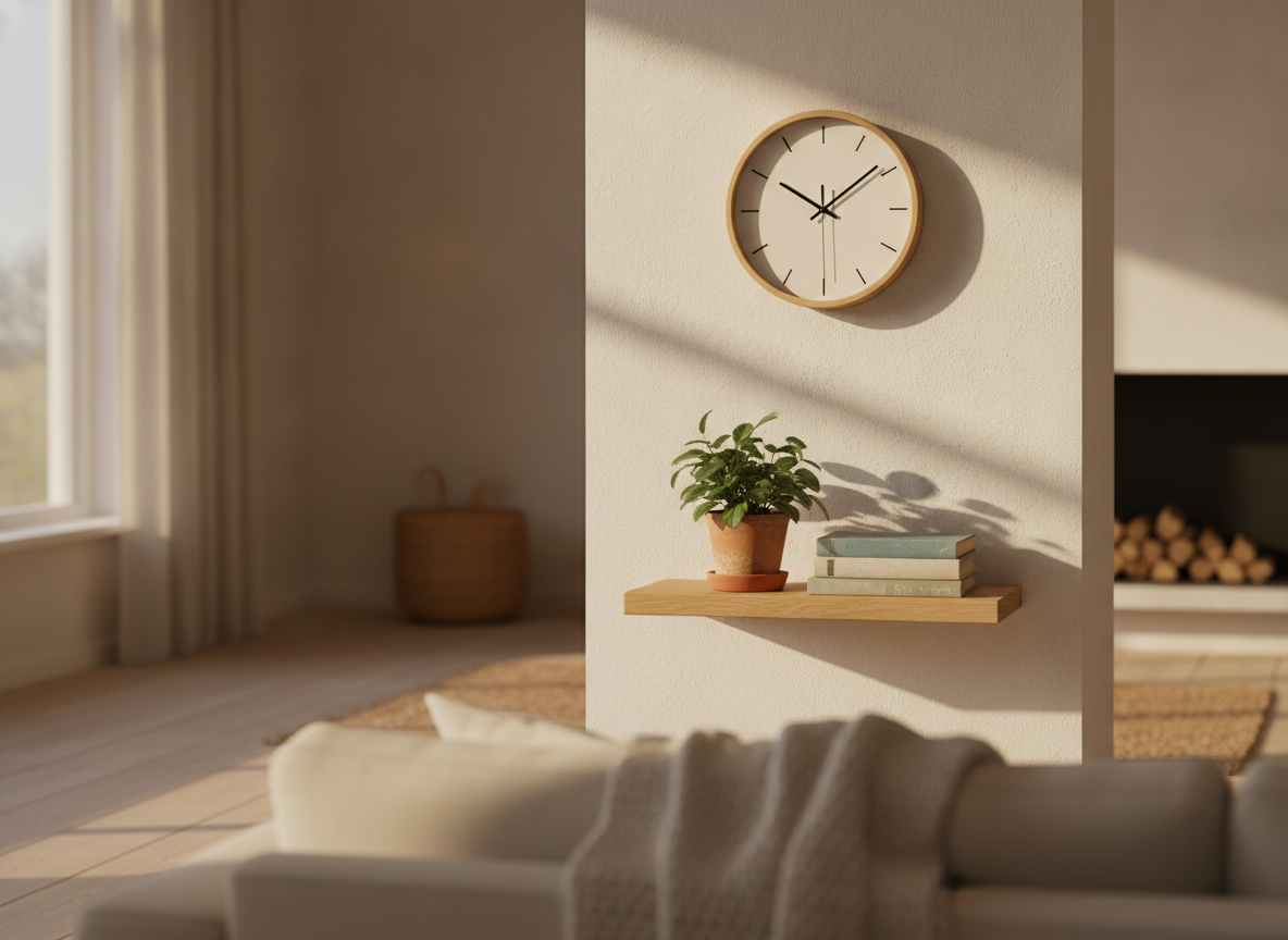 Klok aan de muur in een lichte woonkamer met plant en boeken