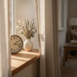 Zonnige vensterbank in een Nederlands huis met een klok en gedroogde bloemen