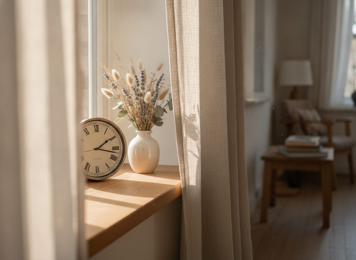 Zonnige vensterbank in een Nederlands huis met een klok en gedroogde bloemen