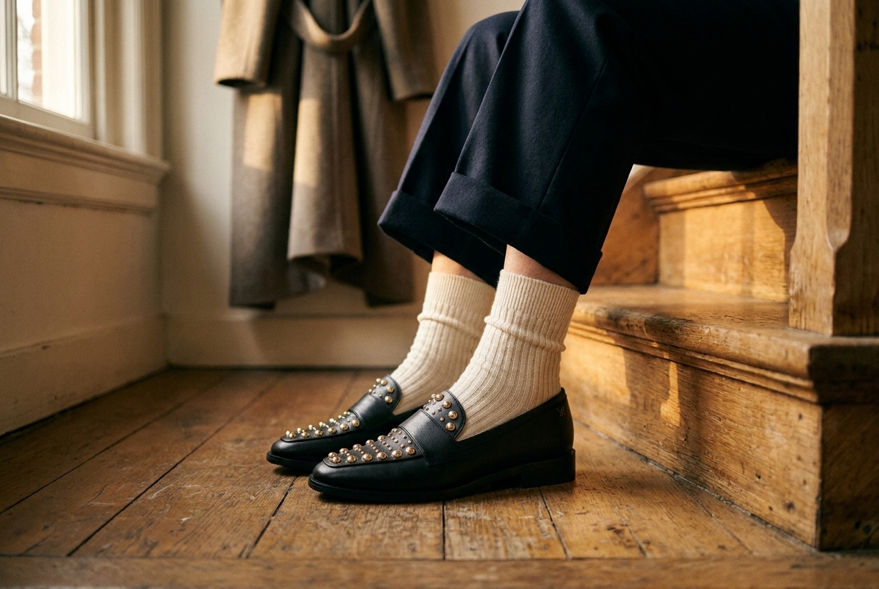Zwarte loafers met gouden studs op een eiken trap