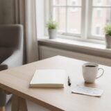 Houten tafel bij het raam met een notitieboek, pen, kop koffie en een kort lijstje