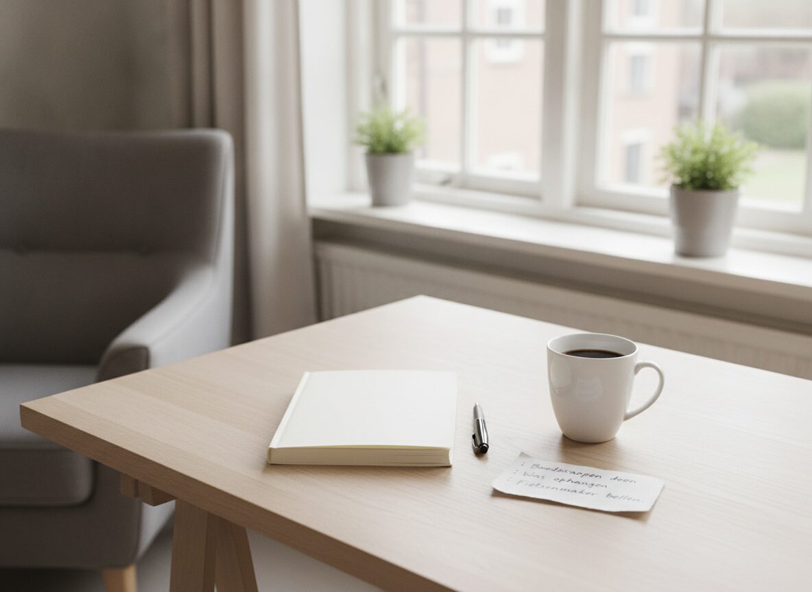Houten tafel bij het raam met een notitieboek, pen, kop koffie en een kort lijstje
