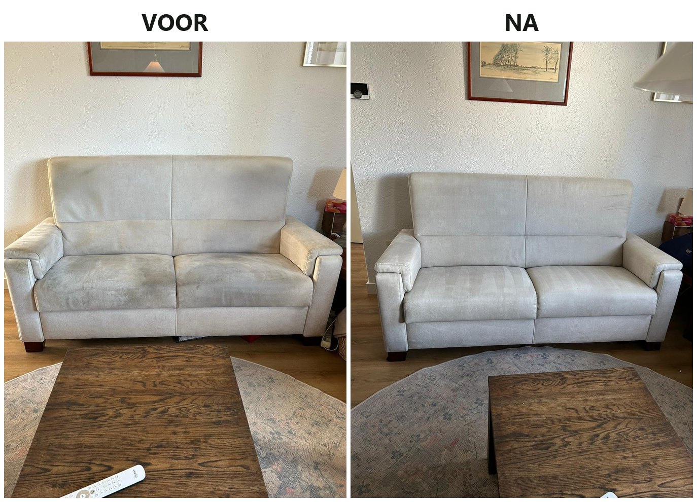Crèmekleurige tweezitter voor en na reiniging