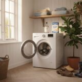 Witte wasmachine met open deur in een lichte bijkeuken, met schoonmaakazijn en soda op een plank