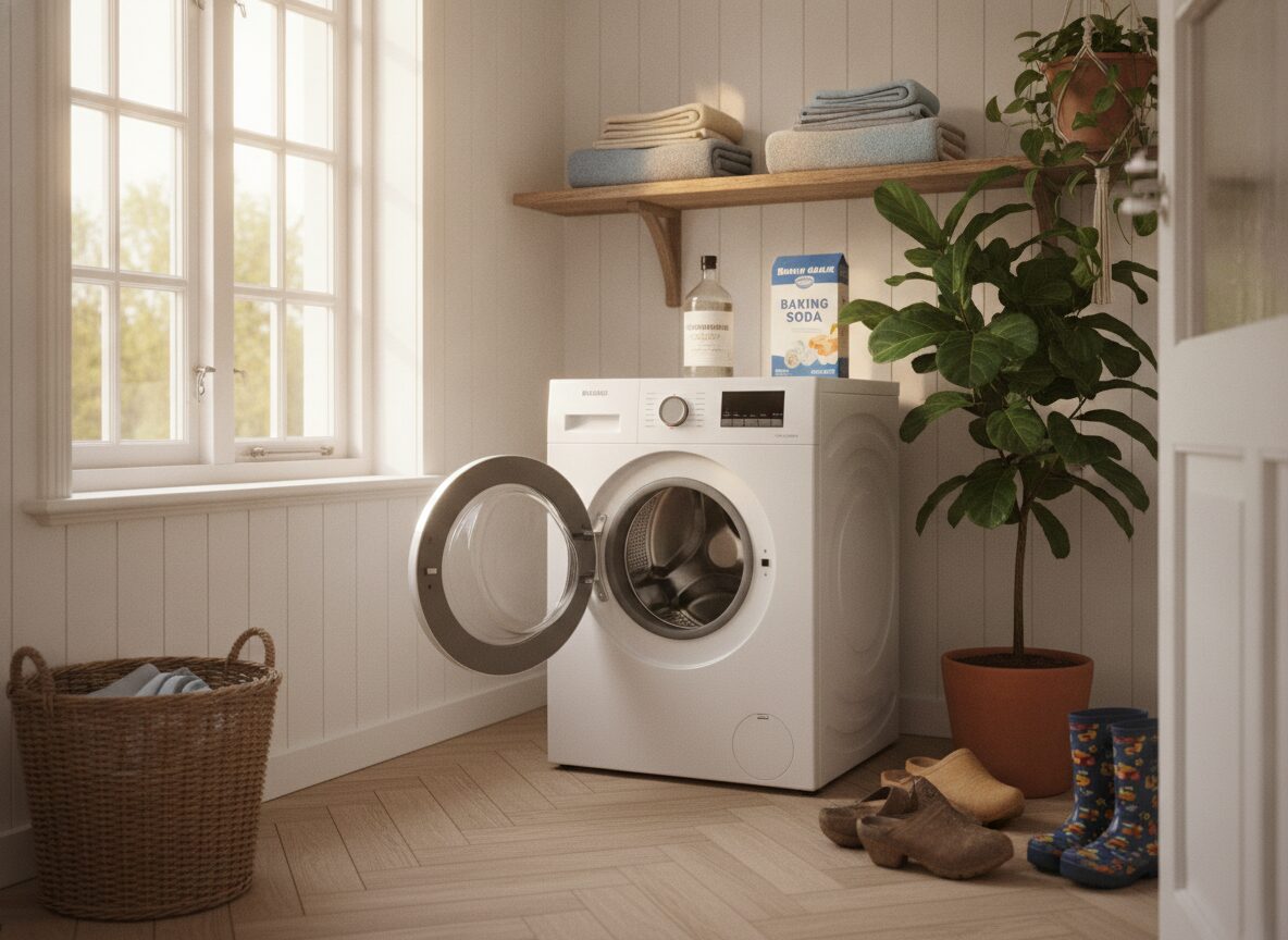 Witte wasmachine met open deur in een lichte bijkeuken, met schoonmaakazijn en soda op een plank