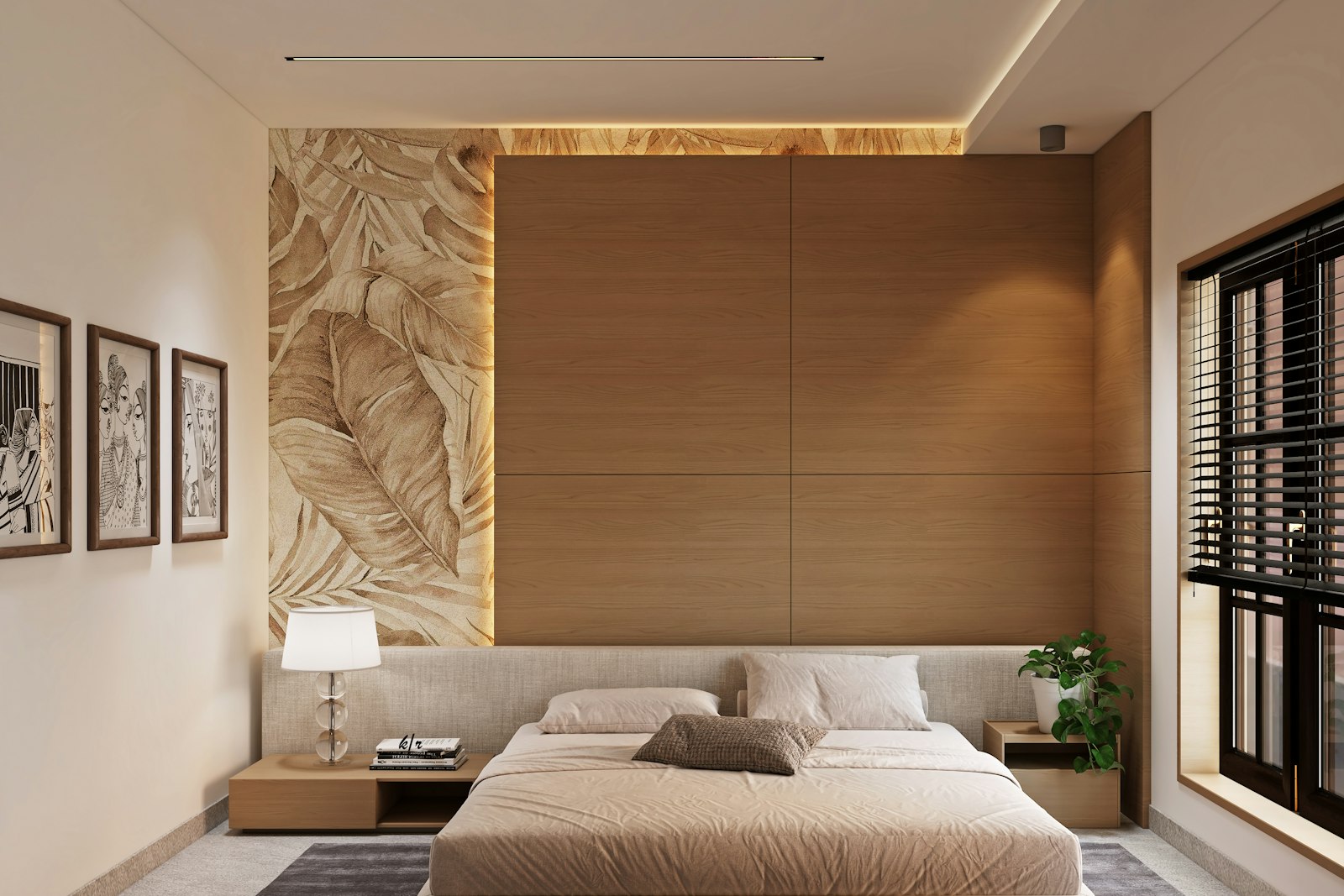 Modern bedroom with a large bed, textured wall, and window