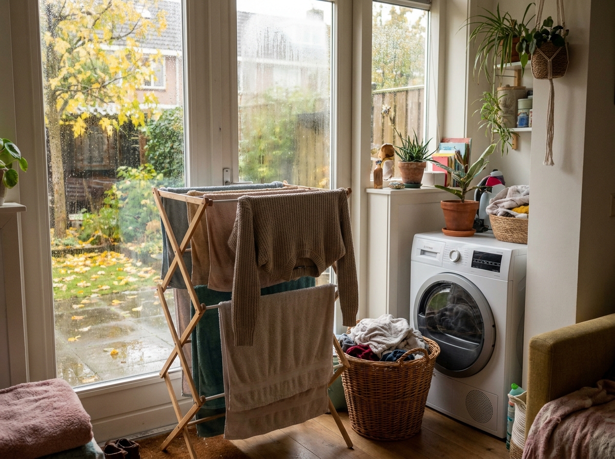 Wasrek met handdoeken bij een raam in een lichte Nederlandse bijkeuken op een grijze najaarsdag