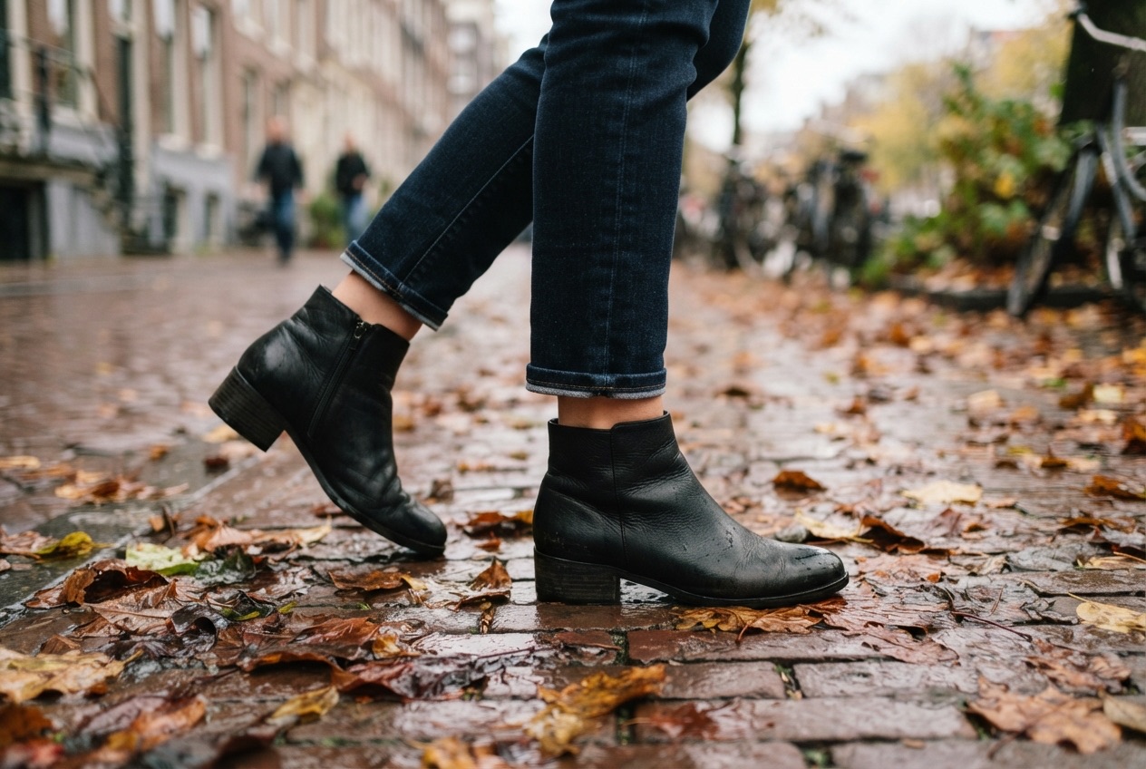 Zwarte leren enkellaarsjes met een lage blokhak op een stoep vol natte herfstbladeren
