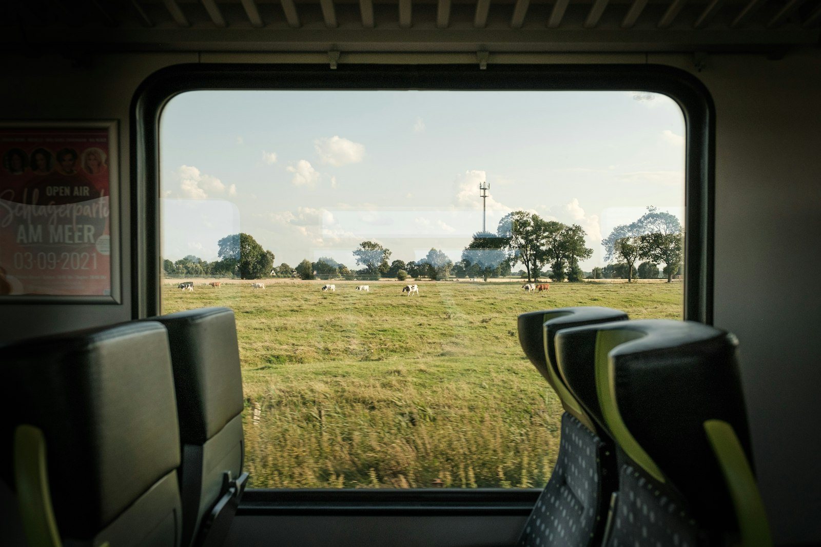 Uitzicht op weilanden vanuit een treinraam
