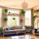 Gezellige woonkamer met bank, planten en lampen