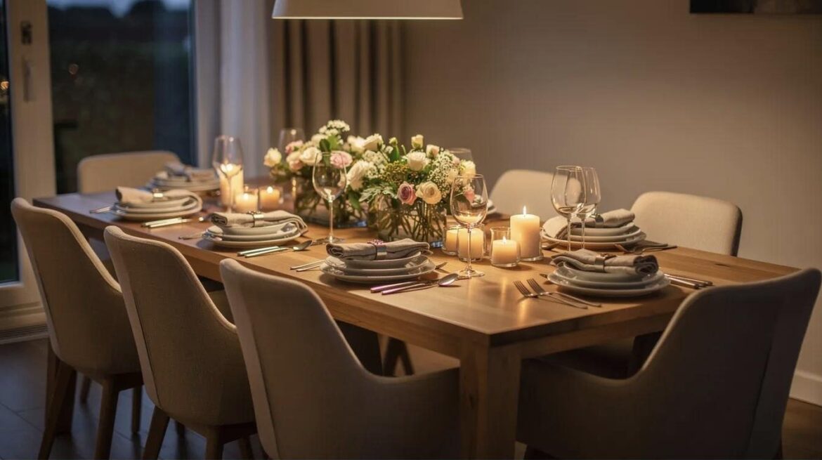 Tafel dekken voor een etentje met witte borden, wijnglazen, kaarsen en stoffen eetkamerstoelen