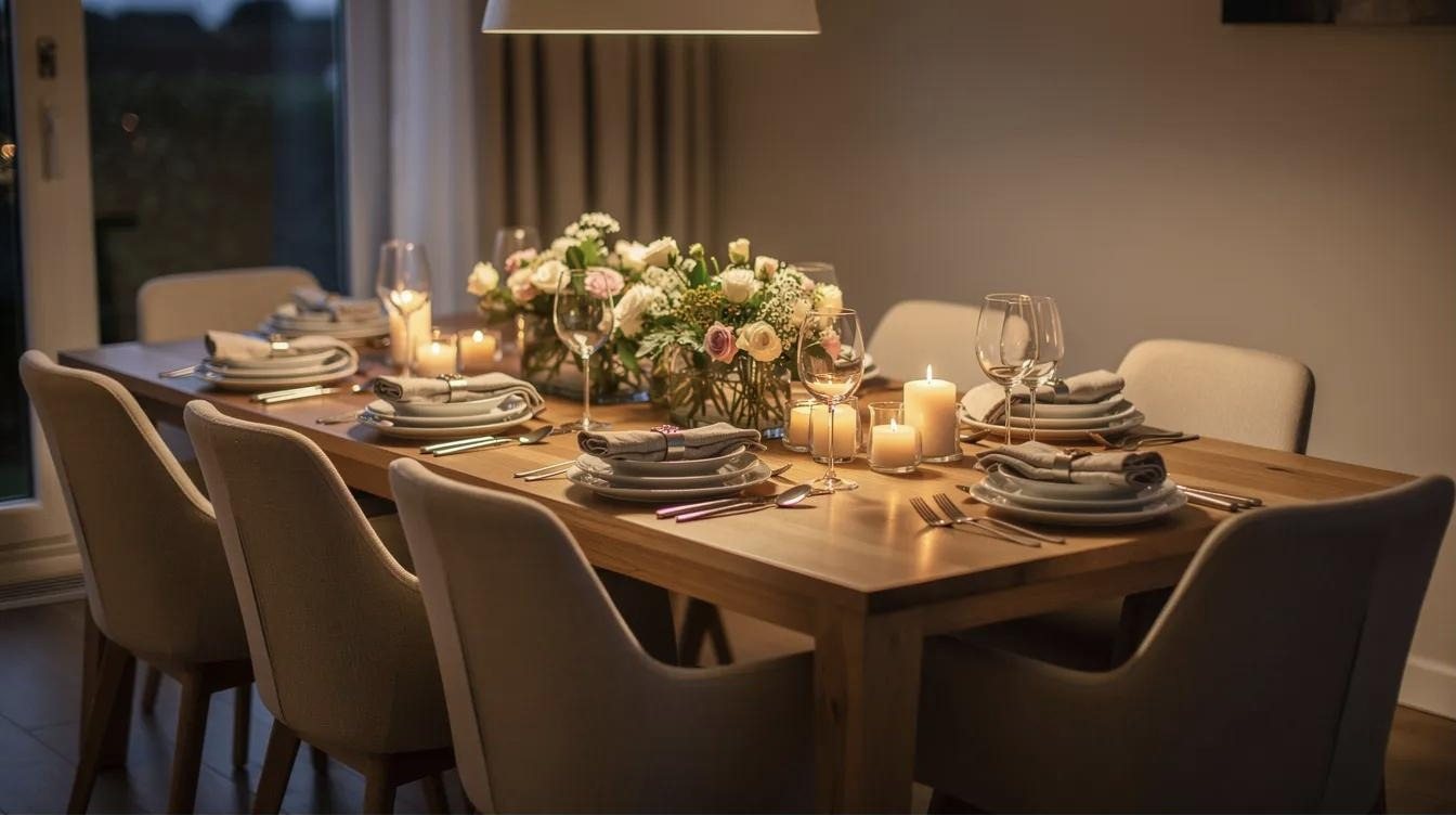 Tafel dekken voor een etentje met witte borden, wijnglazen, kaarsen en stoffen eetkamerstoelen