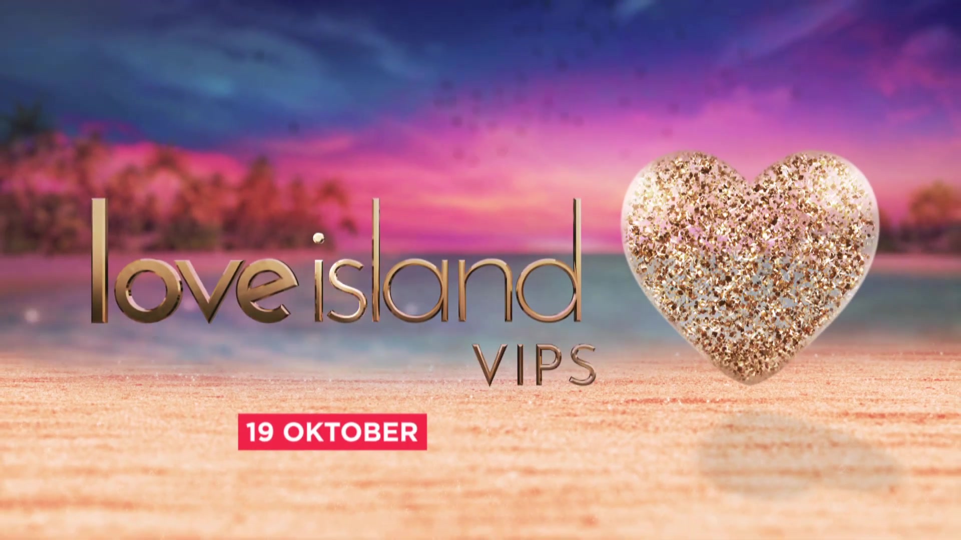 Het logo van Love Island VIPS met een glinsterend hart boven een tropisch strand