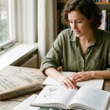 Vrouw leest boeken aan een tafel bij het raam
