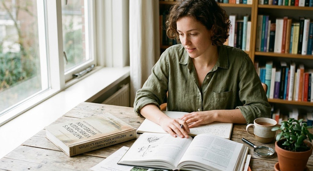 Vrouw leest boeken aan een tafel bij het raam