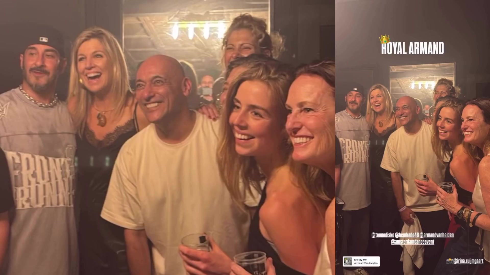 Koningin Máxima en prinses Alexia tussen bezoekers en dj Armand van Helden op een ADE-feest in Zaandam